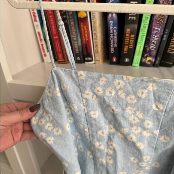 Zara blue white floral linen cotton blend belted y2k retro vintage mini dress - Picture 3 of 6